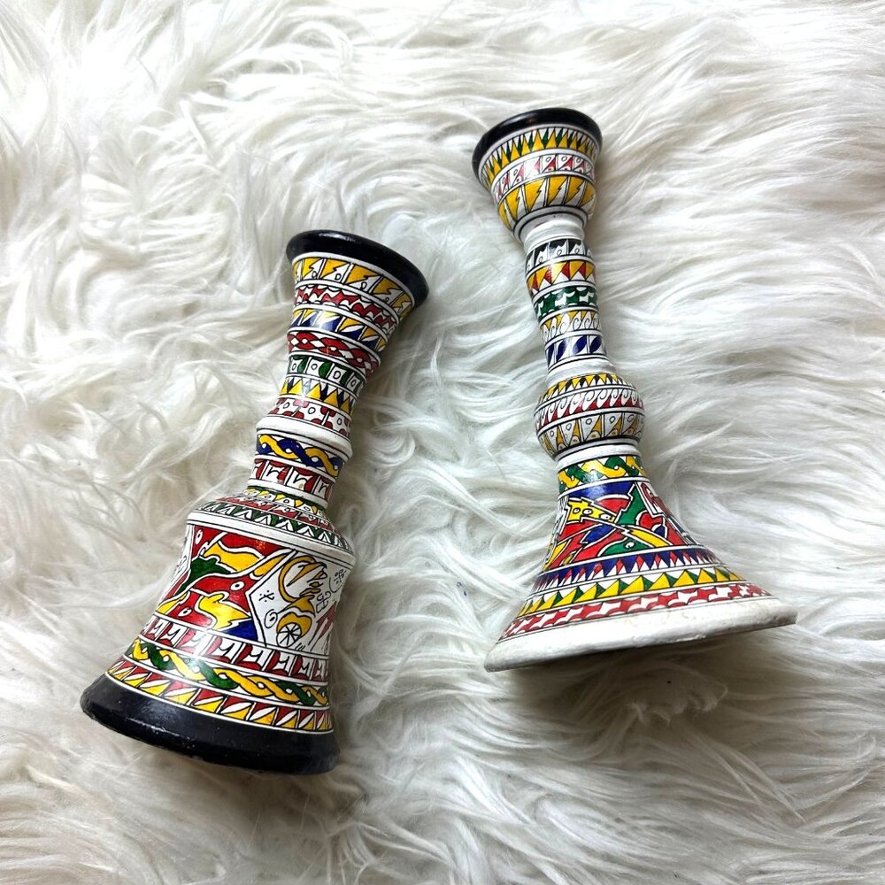 Vintage Hand Painted 2PCS Ceramic Candle Holders Artsy Artisan Tribal Boho